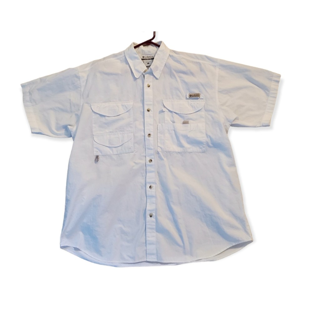 Columbia PFG Shirt 4 Pocket Rod Holder Vented Back White Cotton Mens Large